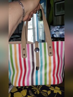 Charming Charlie Colorful Striped Tote Bag With Matching Makeup Bag Smoke Free